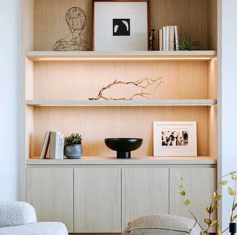 Silicon Valley property real estate agents Bookshelf with decor like books pictures and pot plants.
