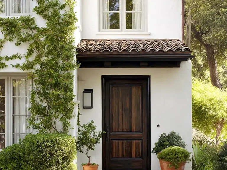 Kip and Tam Barnard Group, San Jose real estate Luxury home entrance with mahogony wooden door and terracota plants.