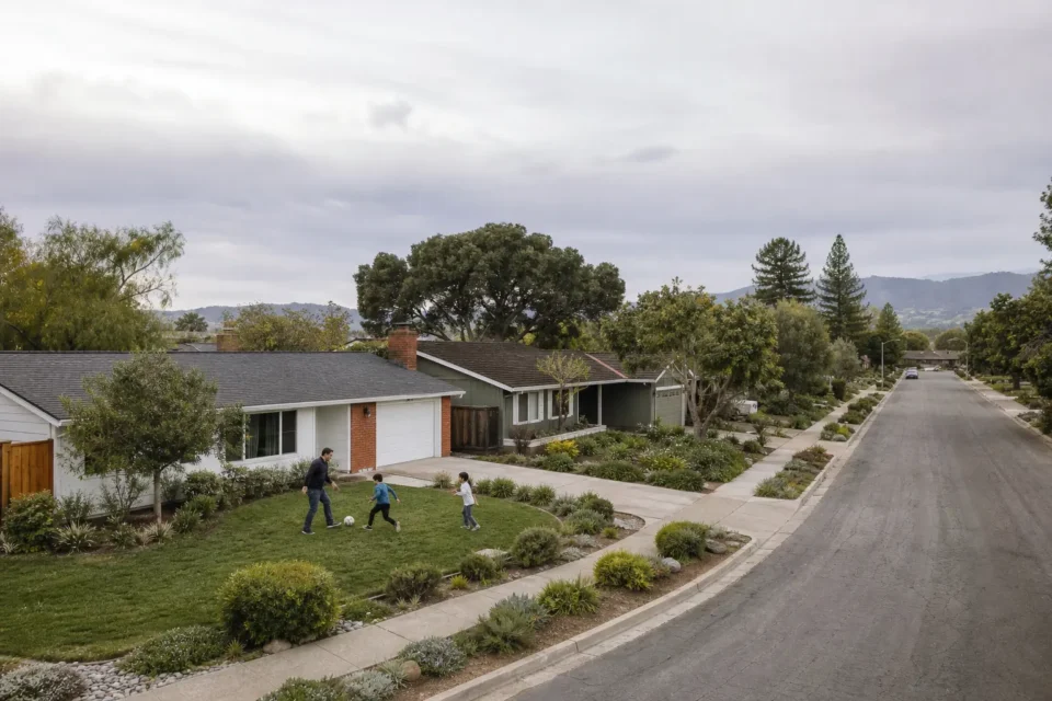 Single-story homes in a quiet San Jose neighborhood, with a family playing soccer on a front lawn and tree-lined streets