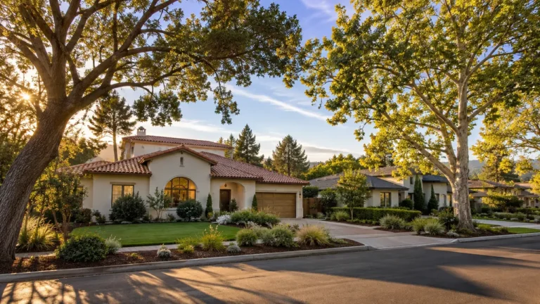 Sunlit Cambrian residential street featuring a Mediterranean-style stucco home with a terracotta tile roof, mature oak trees, and landscaped front yard