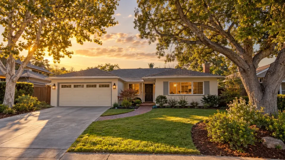Single-story ranch-style home with a two-car garage, landscaped front yard, and mature trees in the evening sunlight.