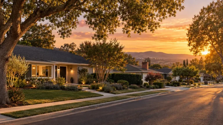 Single-story suburban home with a landscaped front yard and mature trees along a residential street at sunset.