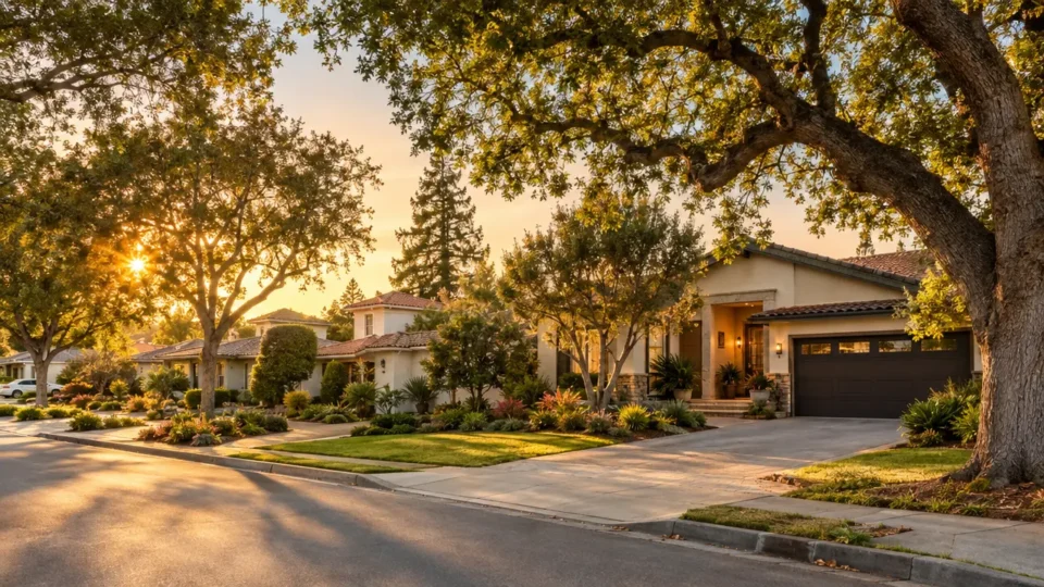 Suburban home with a dark garage door, landscaped front yard, and mature shade trees in warm evening light.