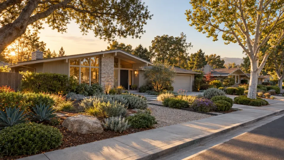 Single-story home with a stone facade, landscaped front yard, and driveway in warm evening light.