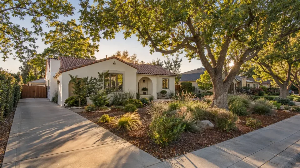 Single-story stucco home with a tiled roof, landscaped front yard, and mature shade trees.