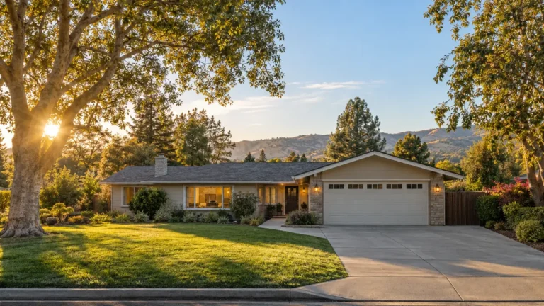 Single-story home in San Jose with a two-car garage, landscaped front lawn, and surrounding hills at sunset.