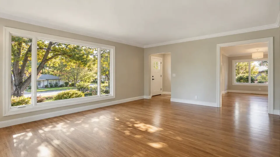 Bright living room with neutral beige walls, white trim, hardwood floors, and large windows overlooking a tree-lined street.