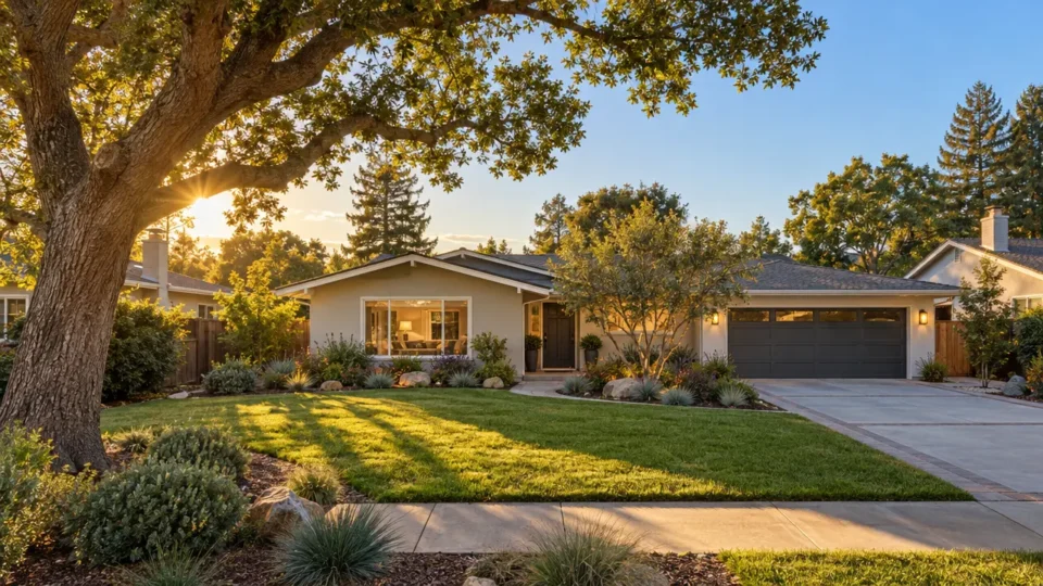 Single-story home with a landscaped front yard, green lawn, large shade tree, and driveway in warm golden-hour light.