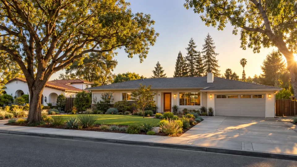A well-maintained single-story home with a white exterior, attached garage, driveway, and neatly landscaped front yard.
