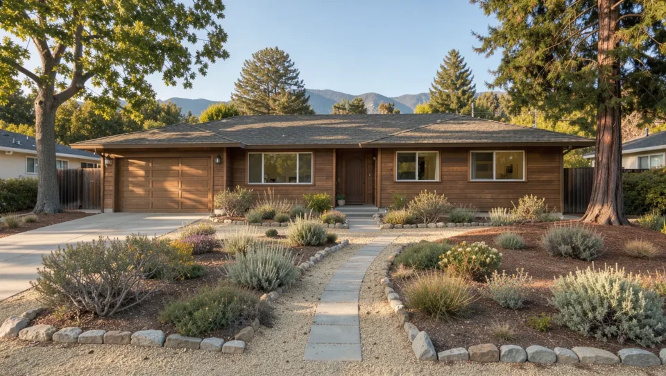 Single-story ranch-style home with a dark shingle roof, wood siding, and drought-tolerant front landscaping.