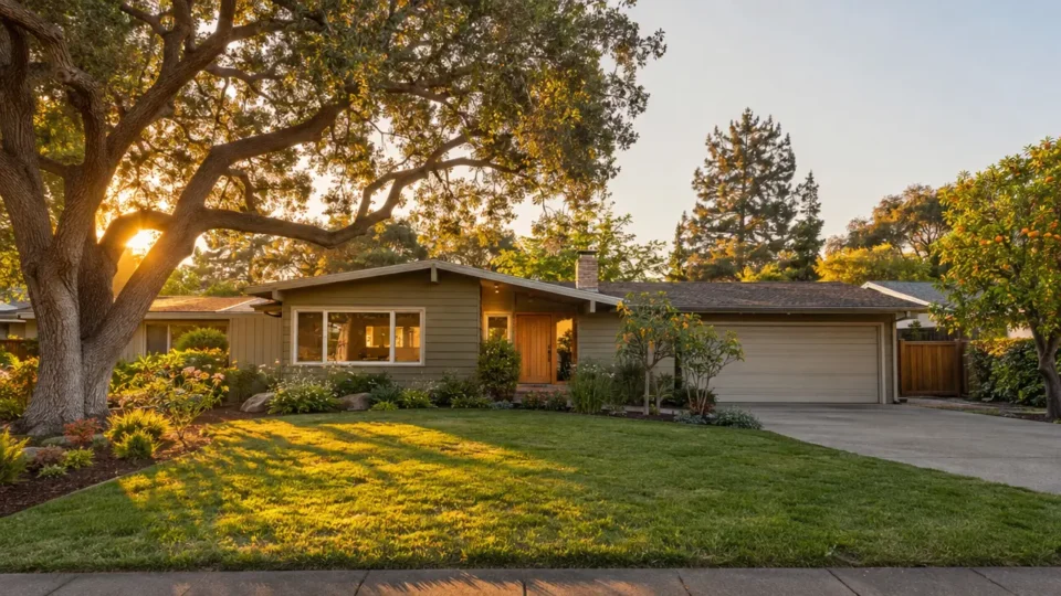 Single-story home with a front lawn, mature trees, and an attached garage in warm evening light.
