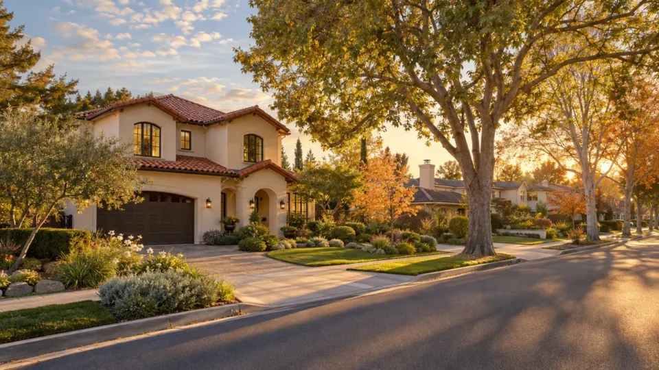 Two-story stucco home with a red tile roof, landscaped front yard, and mature trees along a residential street at sunset.