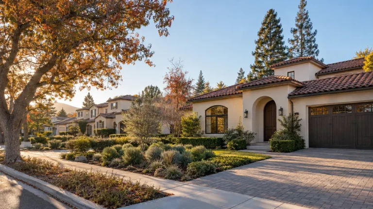 Stucco home with a tiled roof, landscaped front yard, and paved driveway along a tree-lined residential street.