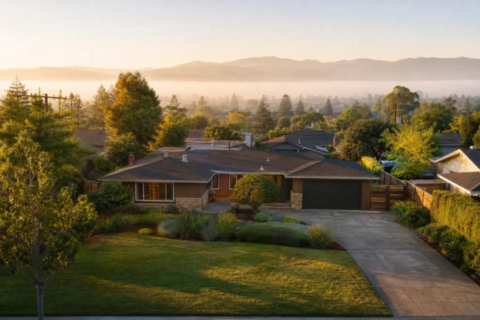 Single-story suburban home with a landscaped front yard, two-car garage, and tree-lined neighborhood at sunset