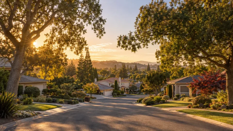 Tree-lined residential street with suburban homes and landscaped yards at golden hour.