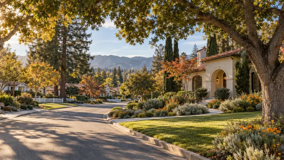 Tree-lined residential street with Mediterranean-style homes, autumn foliage, and mountains in the background.