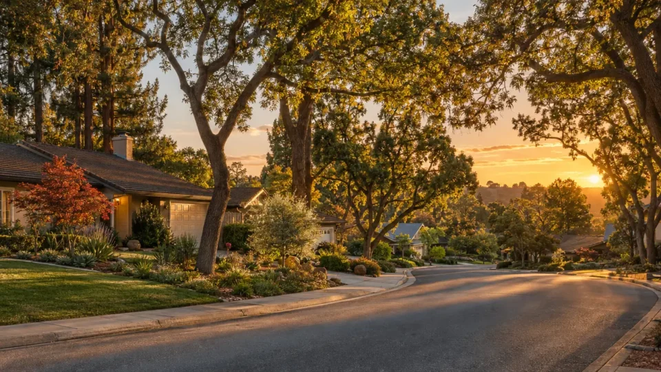 Tree-lined residential street in Cambrian with single-family homes, landscaped yards, and mature trees at sunset.