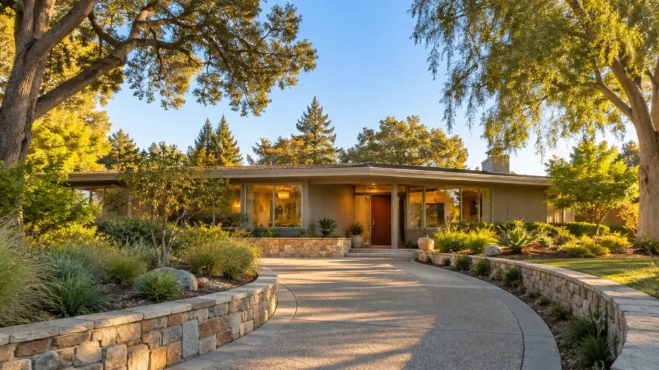 Single-story home with mature trees, landscaped front yard, curved driveway and stone retaining walls