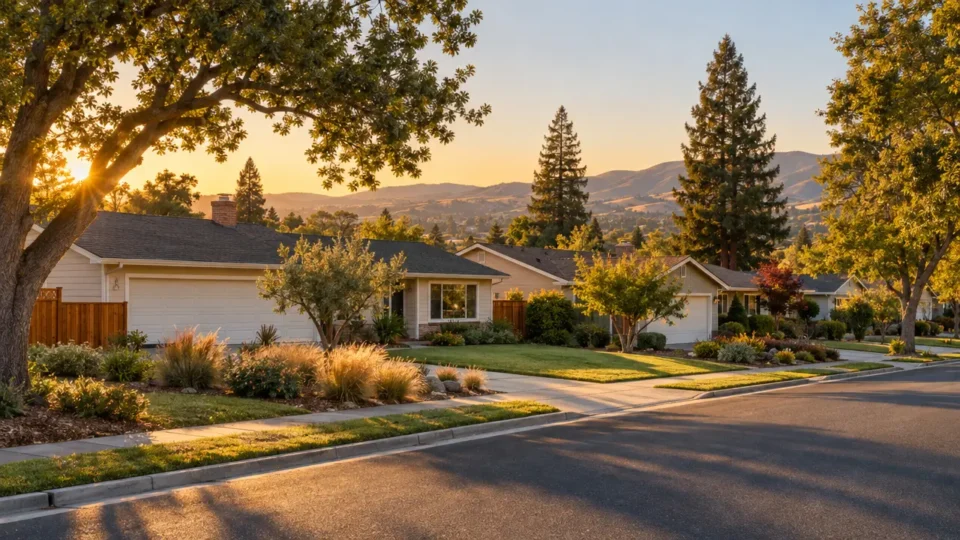 Single-story ranch-style homes along a tree-lined residential street at golden hour, with landscaped front yards and hills in the background.