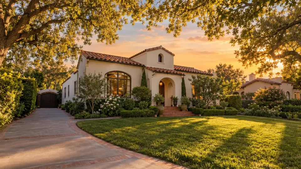 Spanish-style stucco home with a red tile roof, landscaped front yard, and curved driveway at sunset.