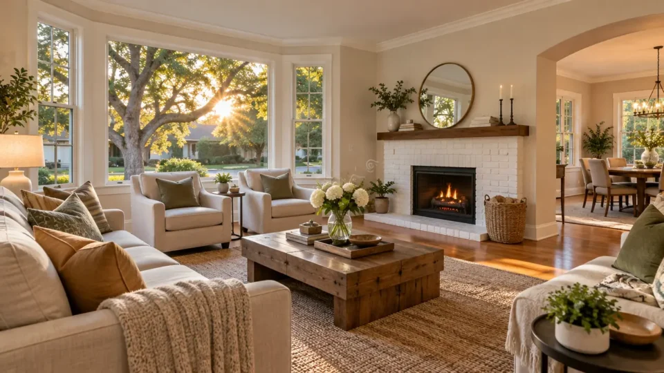 Sunlit living room with neutral furniture, a white brick fireplace, and large windows overlooking a tree-lined street