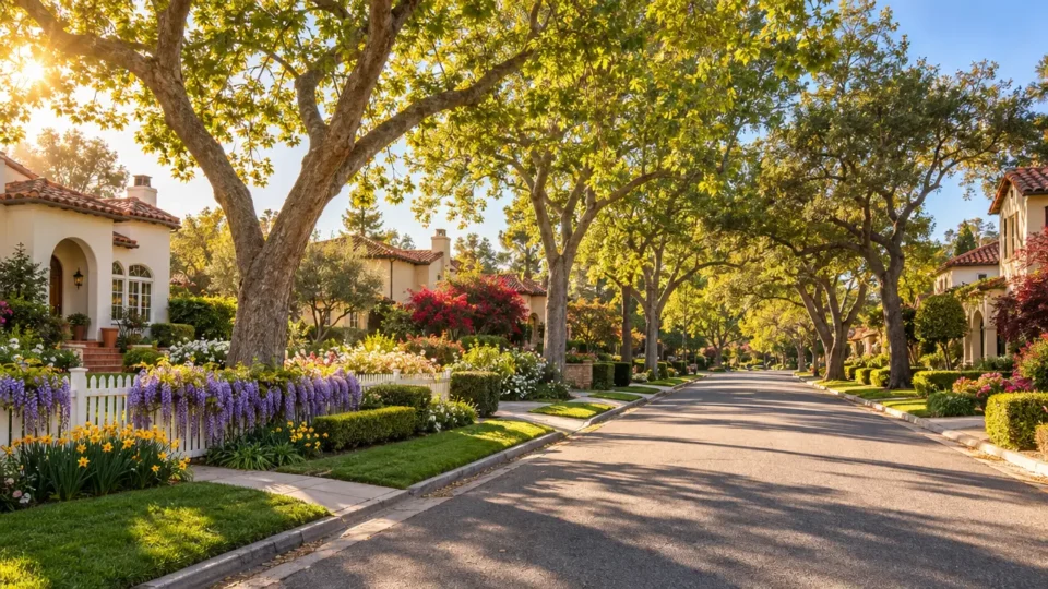 Tree-lined residential street with Mediterranean-style homes, landscaped front yards, and mature trees.