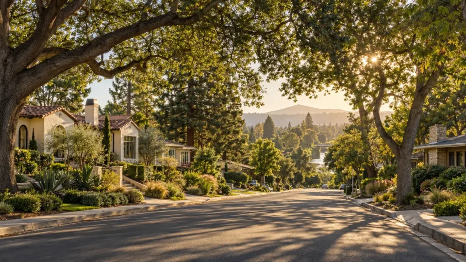 Tree-lined residential street with single-family homes and mature trees in warm evening sunlight.